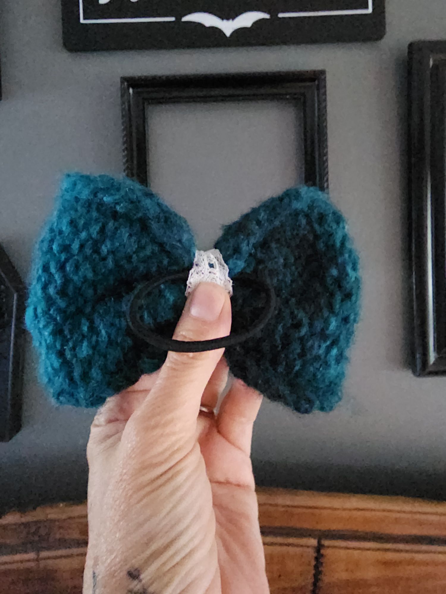 Handmade Knit Hair Bow, Handknitted Teal Ombre Ponytail Holder or Hai Size ONE SIZE - 8 Thumbnail