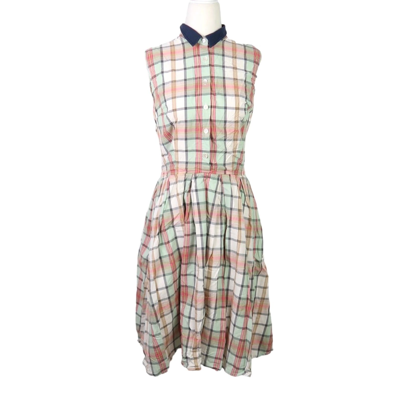 Vintage VINTAGE Eshakti Shirt Dress Midi Cotton Plaid Cream Red Green Navy Button Sleeveless A-Line Womens S Size S / US 4 / IT 40 - 2 Thumbnail