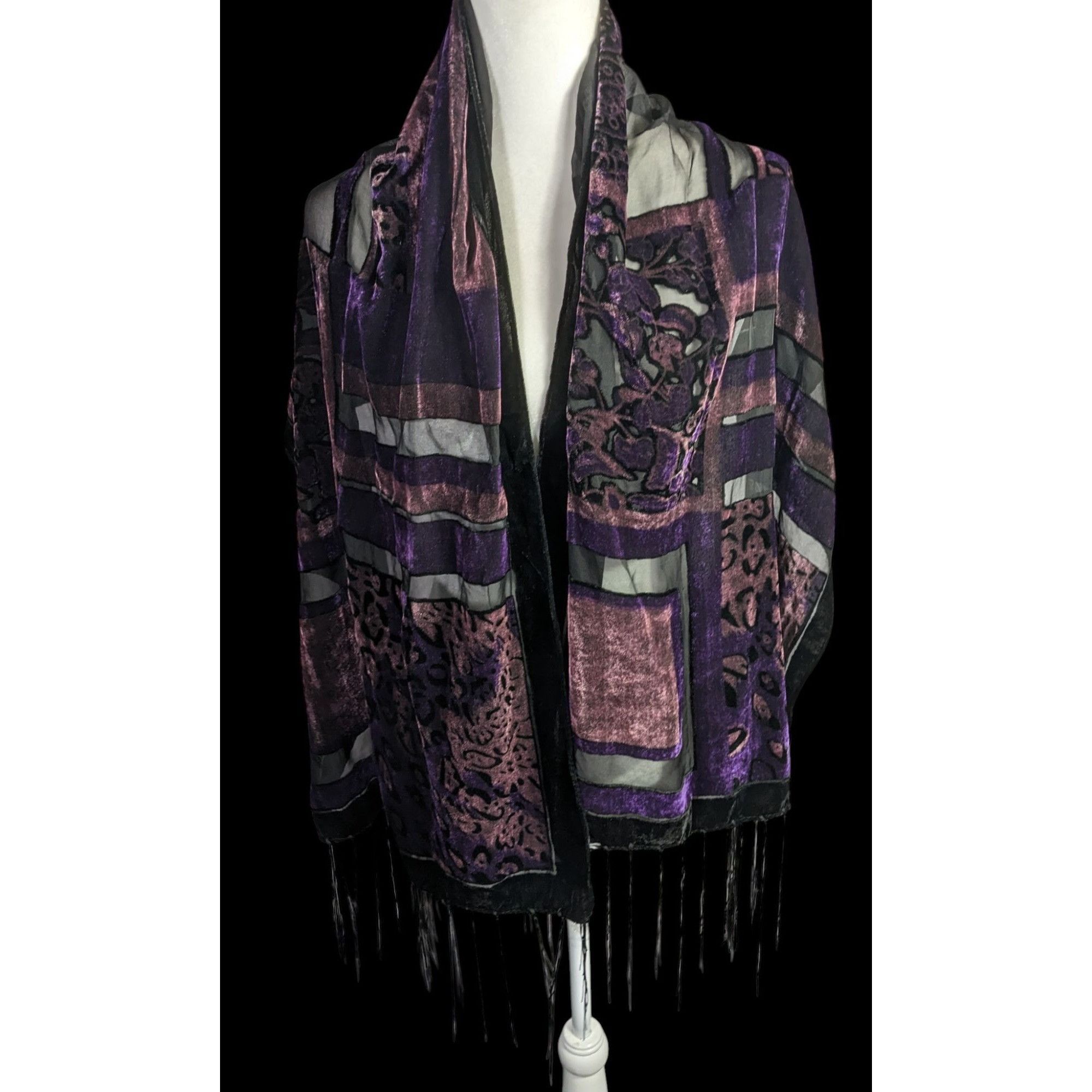 Other Vintage Burnt Velvet Abstract Scarf With Fringe 61"x20" Purp Size ONE SIZE - 4 Thumbnail