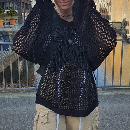 Vintage Y2K Distressed Crochet Star Knitted Sweater Size L / US 10 / IT 46 - 1 Thumbnail