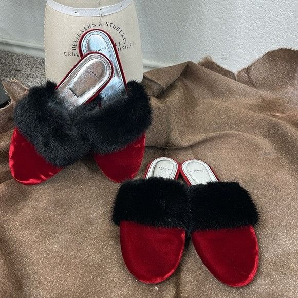 Givenchy Givenchy Bedford Mule Red Velvet and Black Mink Fur Slippers Size US 10 / IT 40 - 2 Thumbnail
