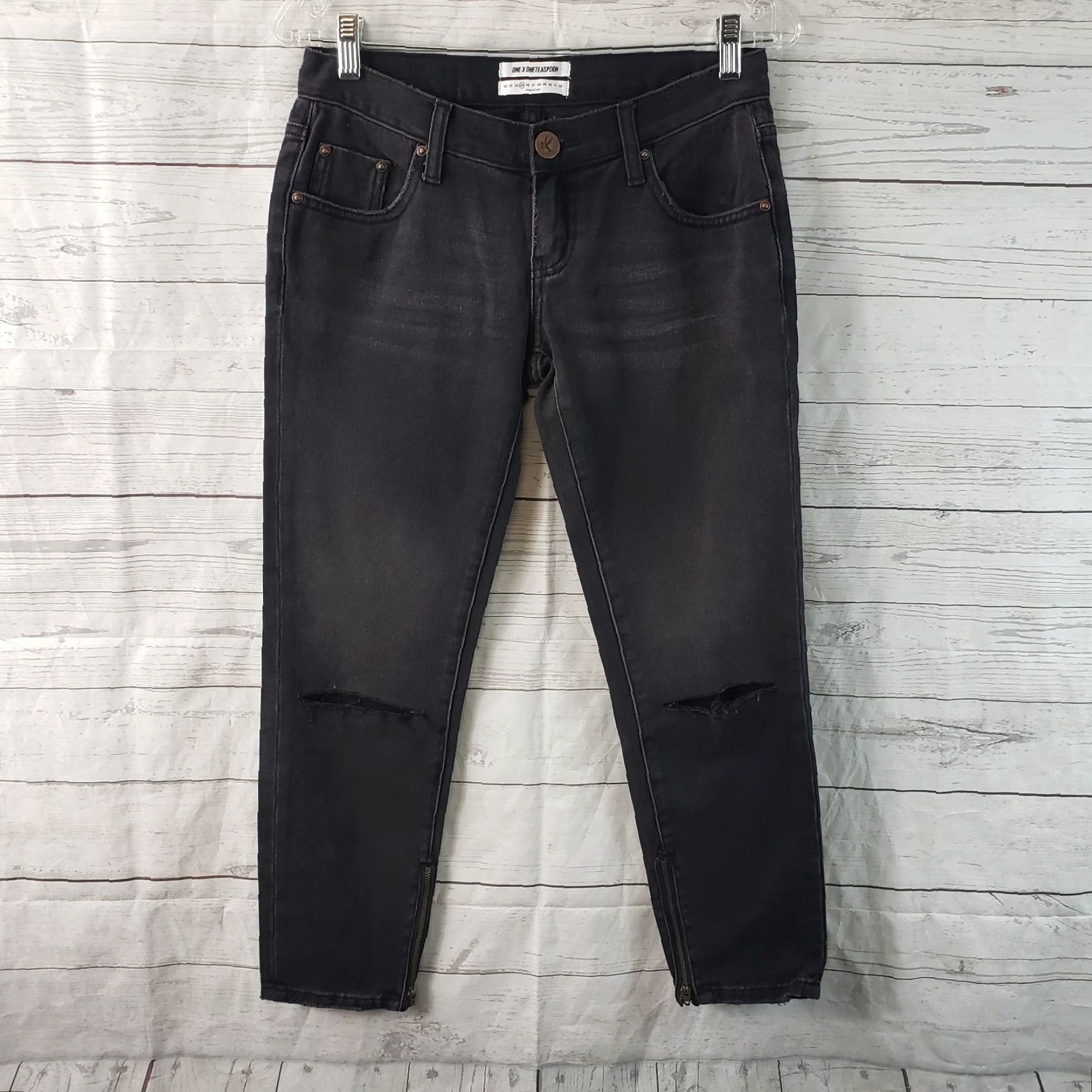Vintage One Teaspoon Womens Cropped Jeans Sz 25 Black Distressed Ankle Zip Jeans Women 25 Black Distressed Ankle Zip Size 42" / US 20 - 2 Thumbnail