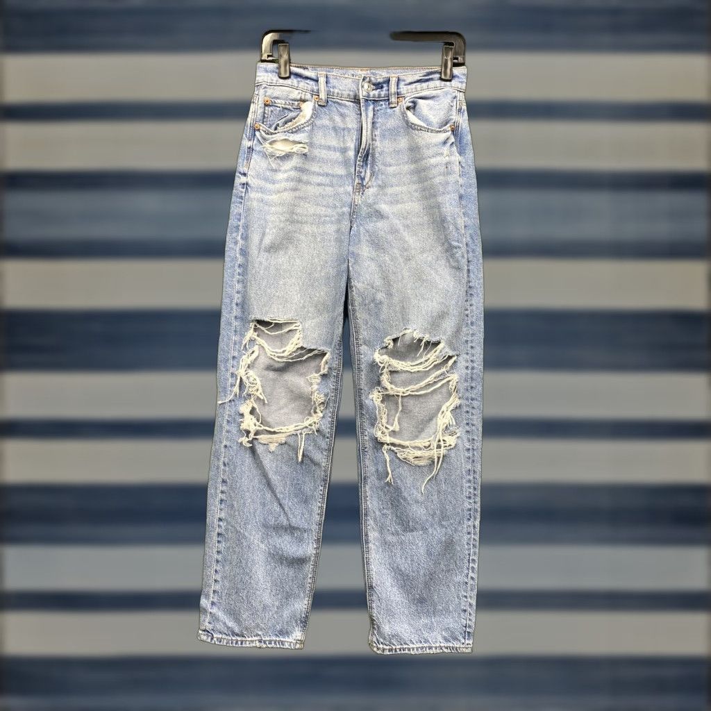 Vintage American Eagle Jeans Highest Rise Womens 4 Short Distressed Baggy Straight Denim Size 27" / US 4 / IT 40 - 1 Thumbnail