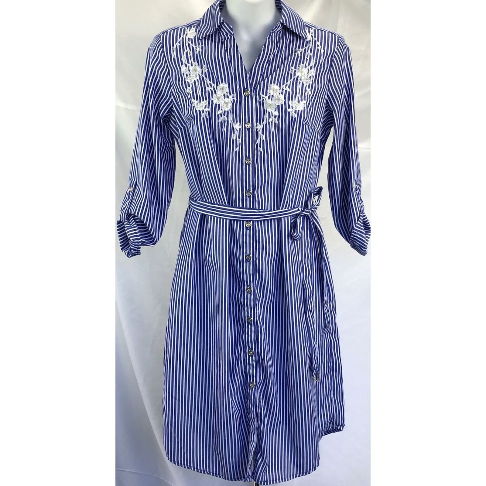 Etro VINTAGE Mlle Gabrielle Shirt Dress Blue White Stripe Knee Length S Roll Tab Sleeve Button Collar Casual Womens Size S / US 4 / IT 40 - 2 Thumbnail