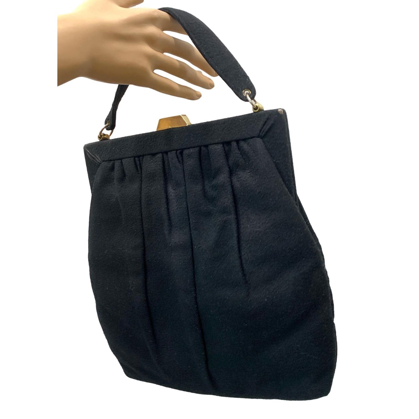 Vintage 40S 50S Chic Long Vertical Black Wool Top Handle Bag, Women's
