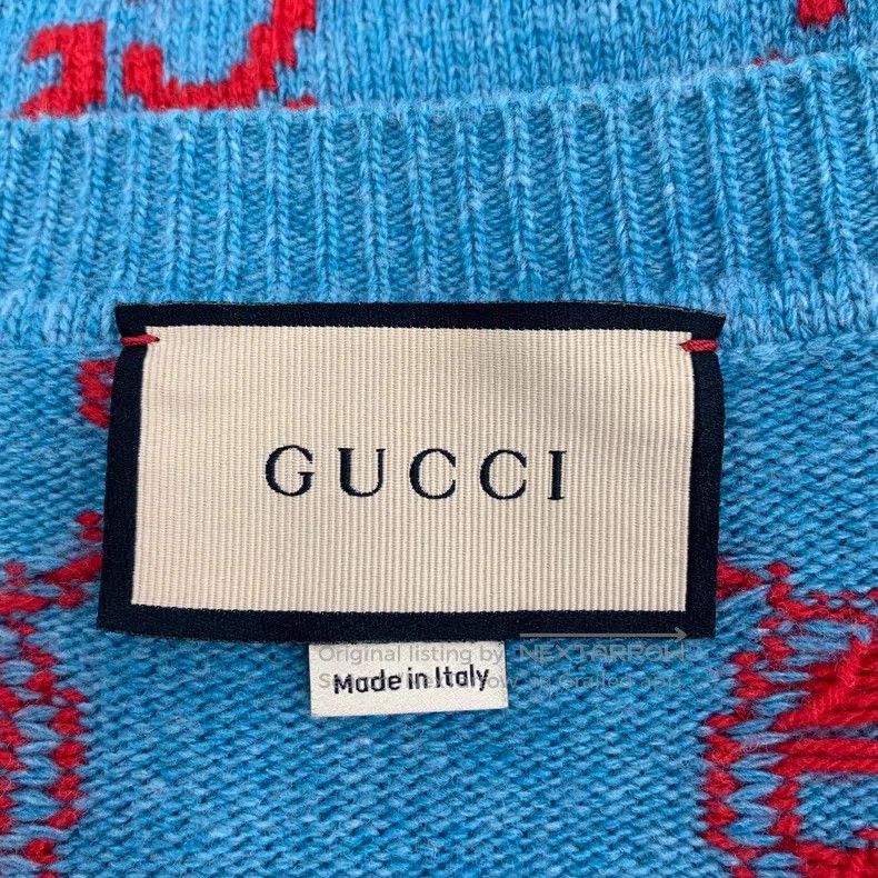 Gucci Gucci Blue logo jacquard full-print wool V-neck single-bre Size US L / EU 52-54 / 3 - 5 Thumbnail