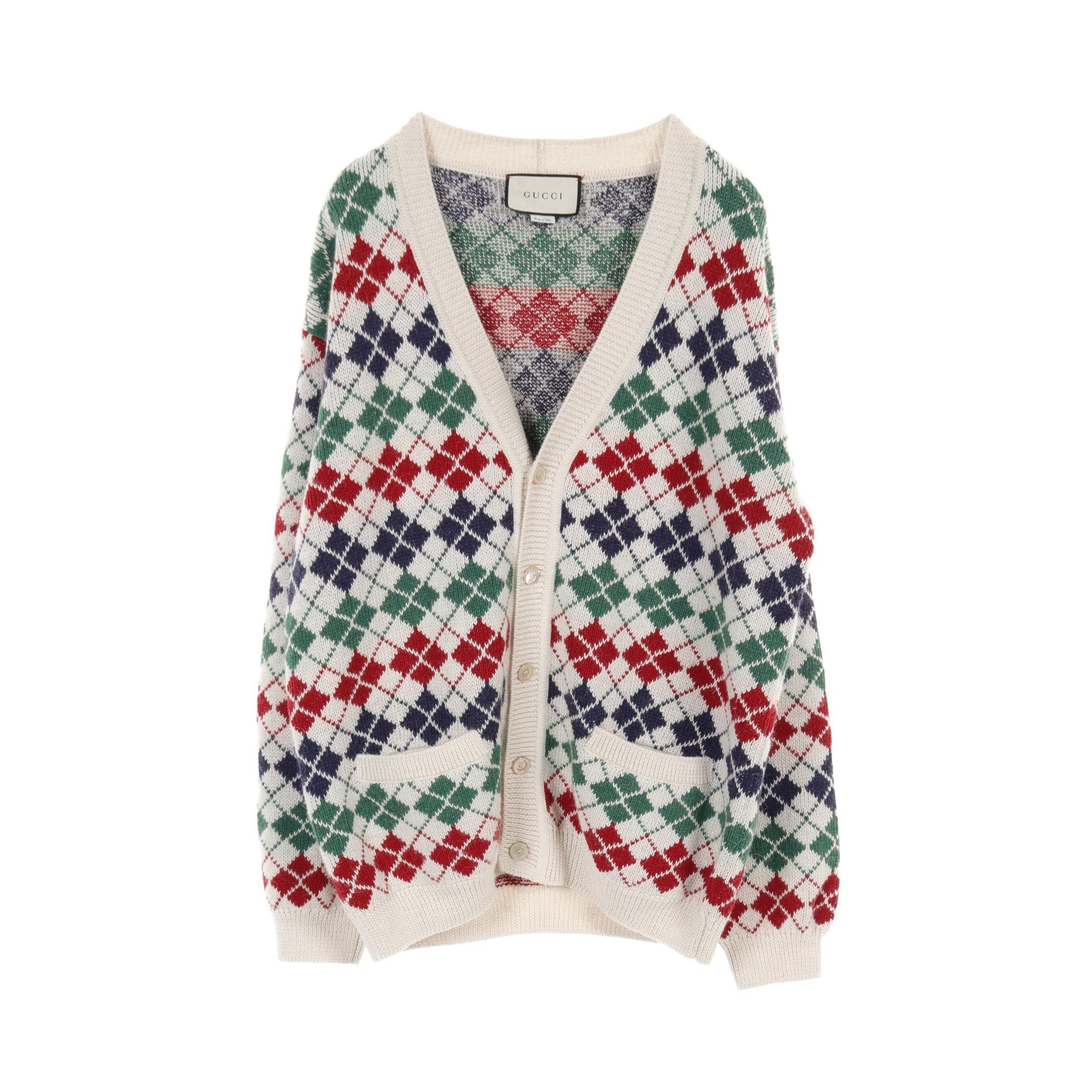 Gucci Gucci Cardigan V-Neck Argyle Alpaca Wool Ivory Multicolor Size ONE SIZE - 1 Thumbnail