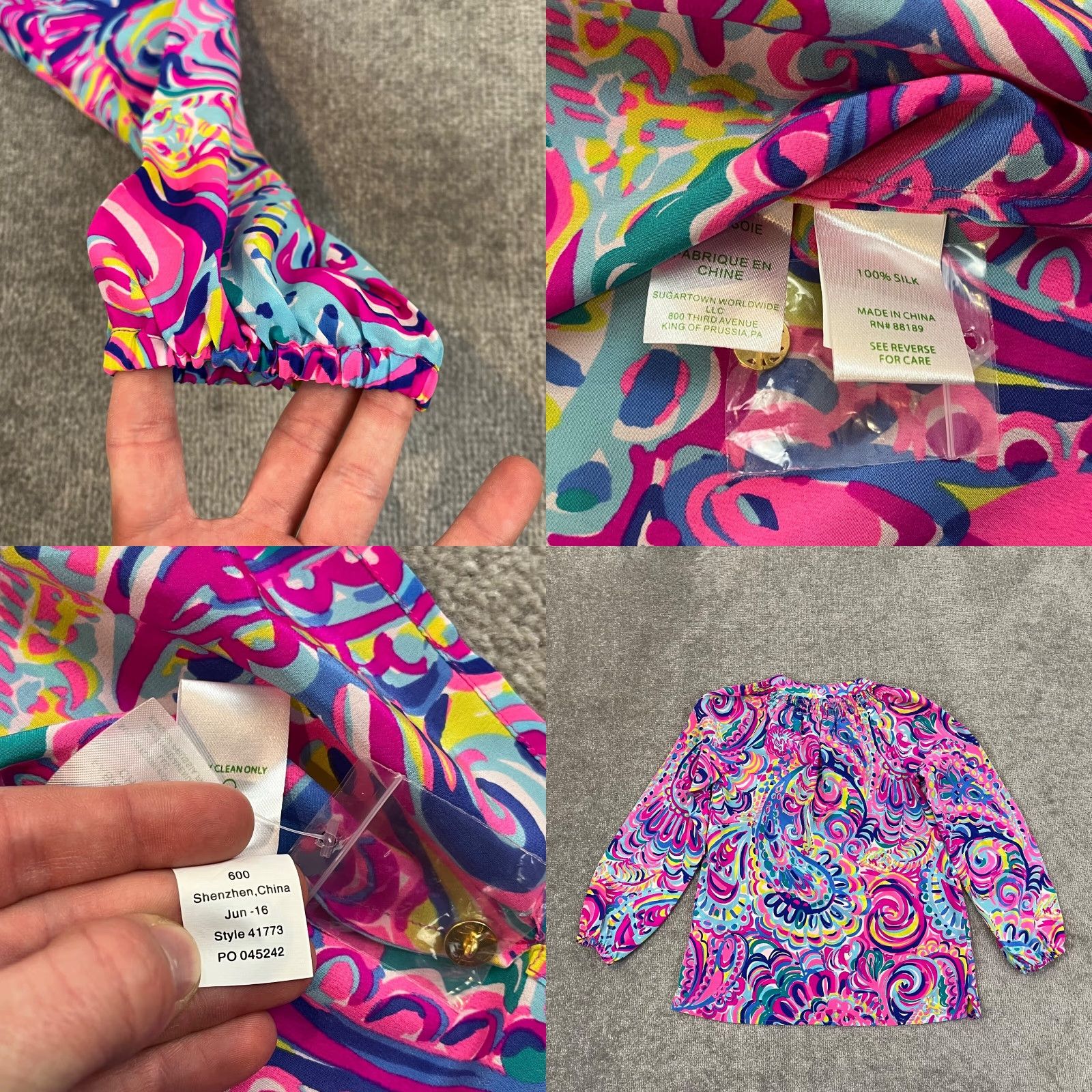 Lilly Pulitzer LILLY PULITZER Top Womens 2XS Onyx Elsa Silk Psychedelic Sunshine Shirt Button Puff Sleeve 3/4 Time: All Seasons Multicolor Floral Casual Womens Size XXS / US 00 / IT 34 - 8 Thumbnail