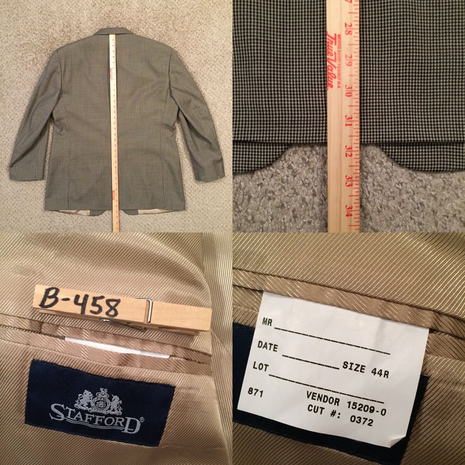 Stafford Stafford Blazer Mens 44R Black Beige Houndstooth Wool Two Button Single Vent Geometric Notch Lapel Regular Coat/Jacket Size 44R - 8 Thumbnail
