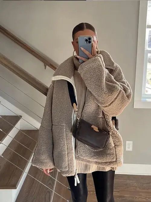 Japanese Brand Jack Lapel Lamb Wool Patchwork Jacket Women Loose Size ONE SIZE - 2 Thumbnail