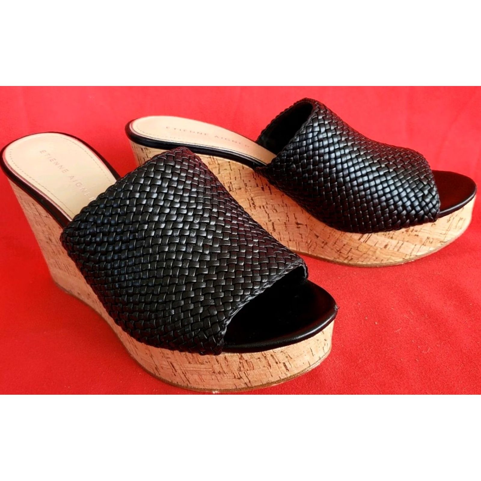 Etienne Aigner Etienne Aigner Women's Black Leather Slide Wedge Sandal 9.5M Woven Crossover Daiquiri Size US 10 / IT 40 - 5 Thumbnail
