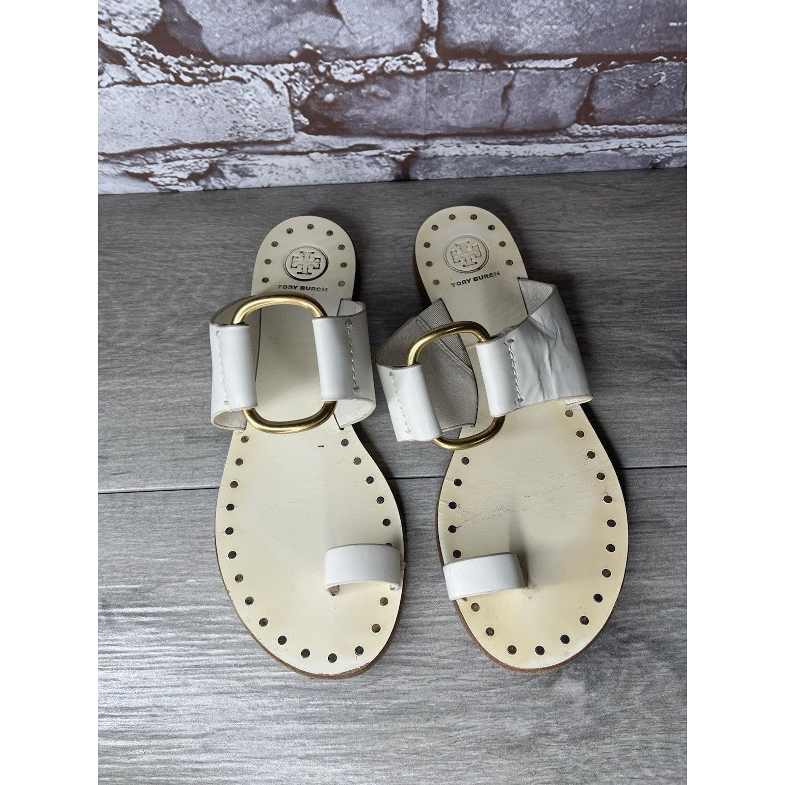 Tory Burch Tory Burch Ravello Studded White Leather Gold Rings Toe Post Size US 8 / IT 38 - 2 Thumbnail