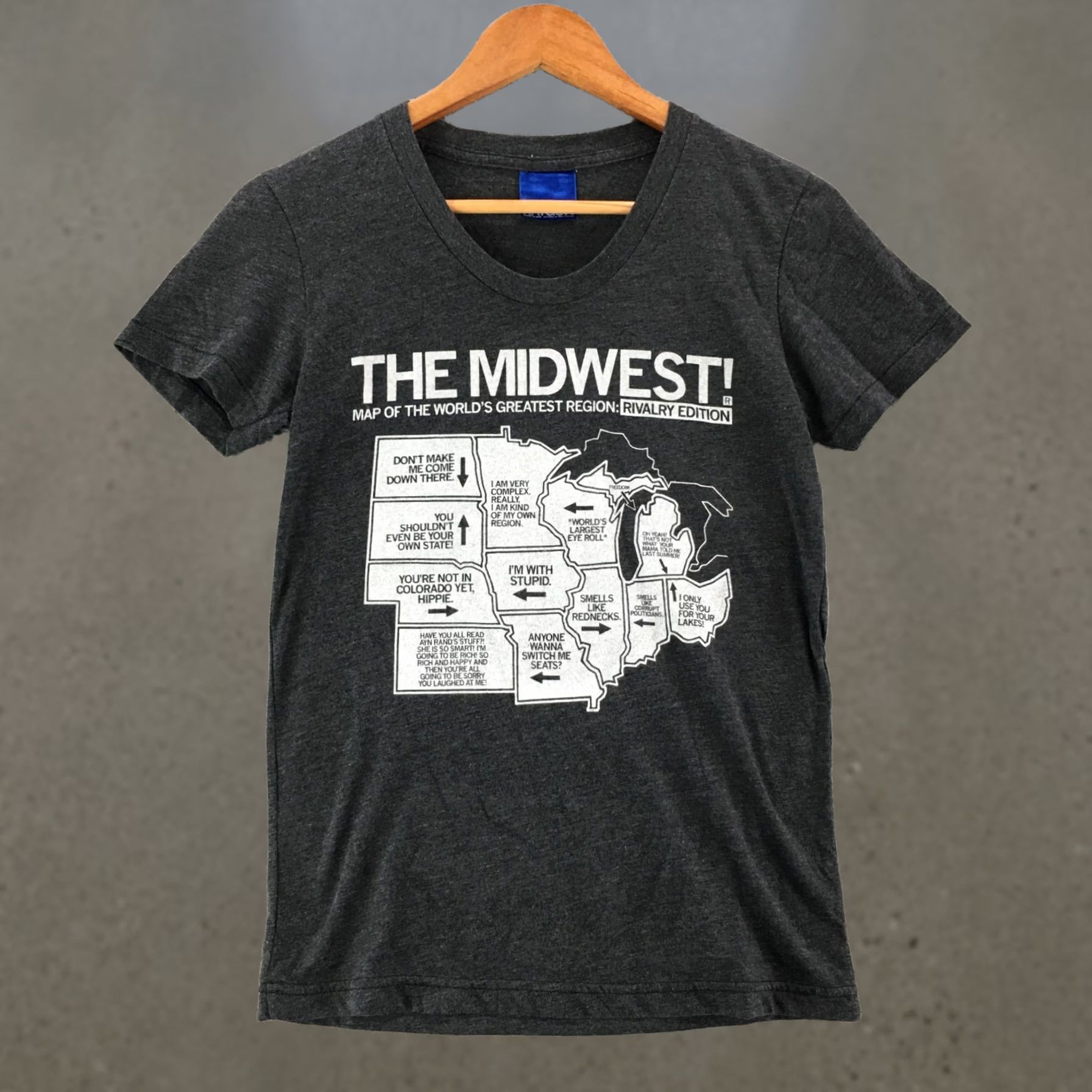 Vintage Raygun Graphic Tee Tshirt Womens Medium Grey Short Sleeve The Midwest Map Shirt Womens M Gray Classic Casual Tee Size M / US 6-8 / IT 42-44 - 1 Thumbnail