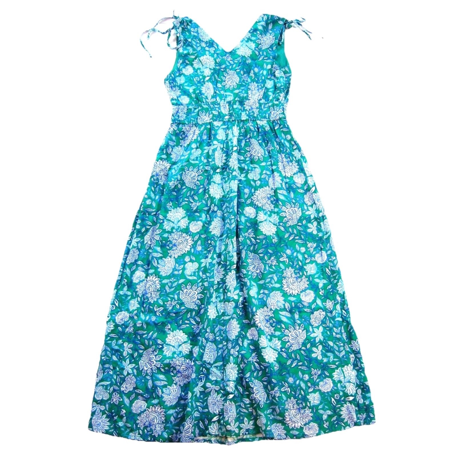 Vintage Japna 100% Rayon Green Blue White Floral V-Neck Long Maxi Sun Dress Small Womens Size S / US 4 / IT 40 - 2 Thumbnail