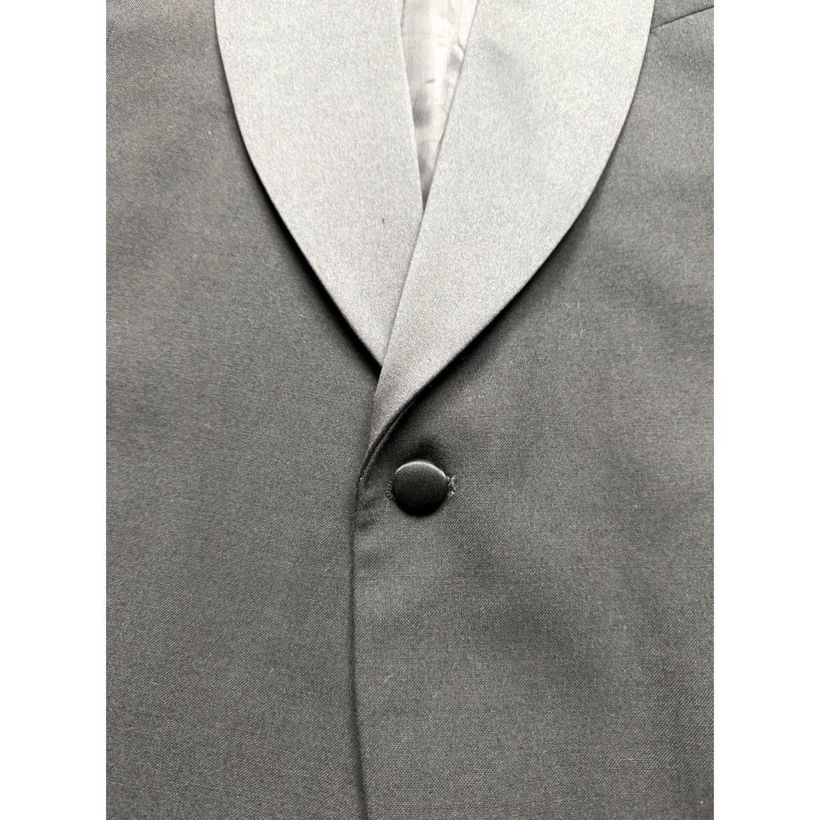 Vintage Jhane Barnes black Shawl collar wool and satin Tuxedo Mens 44R 2pc Formal Suit Jacket & Pants Size 44R - 4 Thumbnail