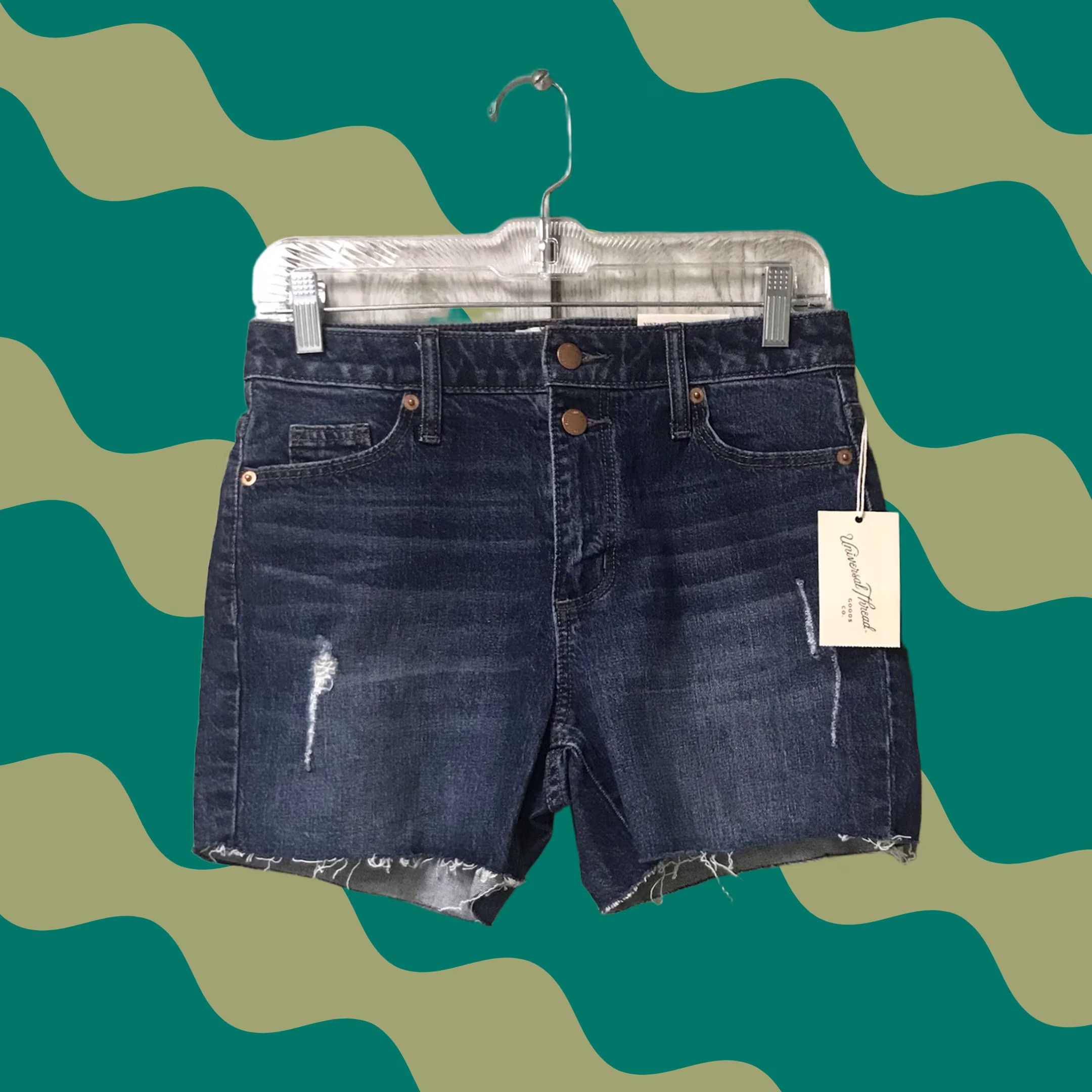 Vintage VINTAGE Universal Thread Women Blue Dark Wash Denim Shorts Midi 0/25R Distressed Frayed 4 in Inseam 5-Pocket Cowgirl Western Casual Modern Size 25" / US 0 / IT 36 - 1 Thumbnail