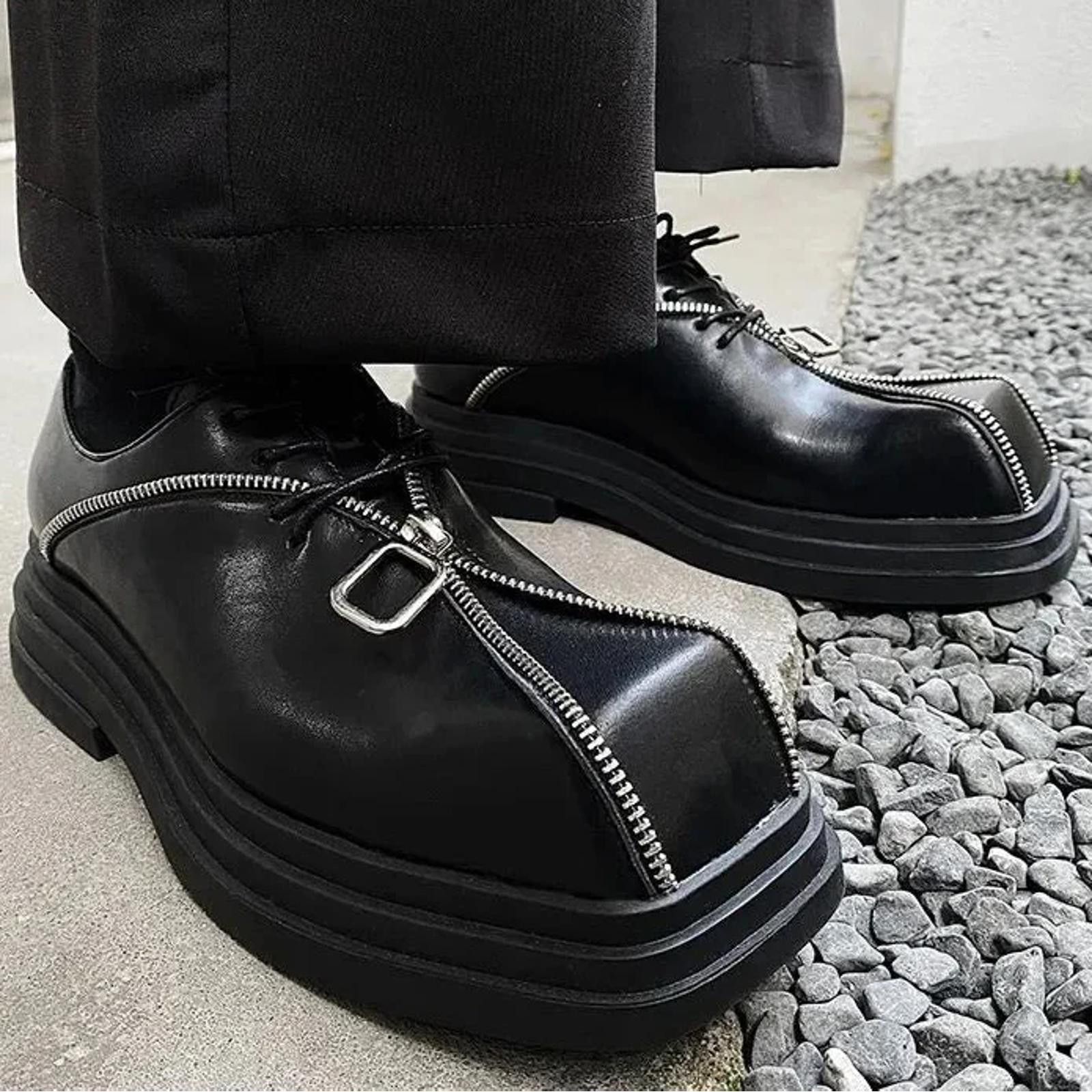 Leather Square Toe Zipper Shoes in Black, Men's (Size 8)