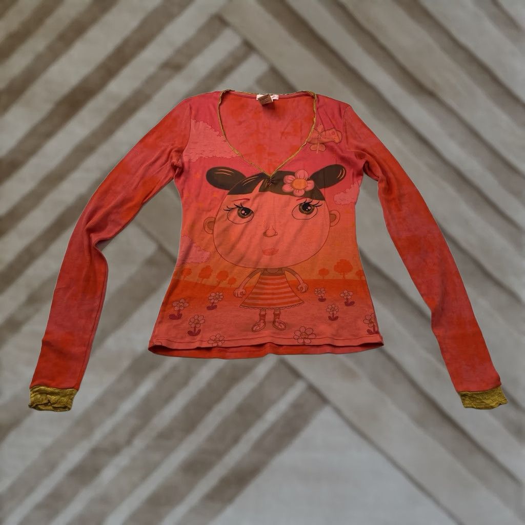 Custo Barcelona VINTAGE Custo Barcelona T-Shirt Shirt Womens 4 Orange Red Cartoon Girl Long Sleeve Slim Cropped 90s Y2k Art Theme Womens Size S / US 4 / IT 40 - 1 Thumbnail
