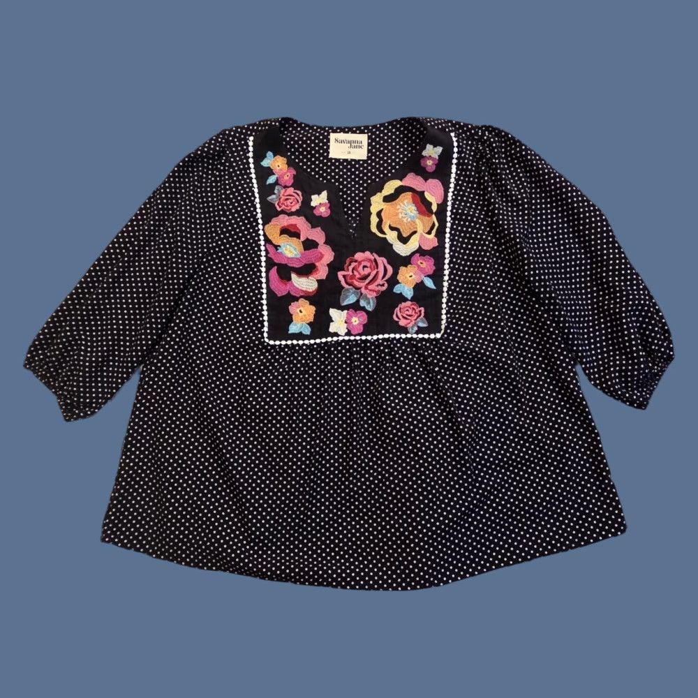 Vintage Savanna Jane Blouse Tunic Black 2XL Womens Embroidered Floral Polka Dot V-Neck 3/4 Sleeve Bohemian Casual Dressy Size XXL / US 16-18 / IT 52-54 - 1 Thumbnail