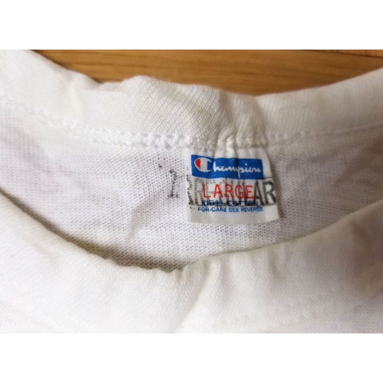 Champion VINTAGE CHAMPION T-SHIRT BLUE BAR WHITE COTTON 70's SZ L Men's Short Sleeve Round Neck Band Rock USA University 18 INCH 32 INCH Size US L / EU 52-54 / 3 - 6 Thumbnail