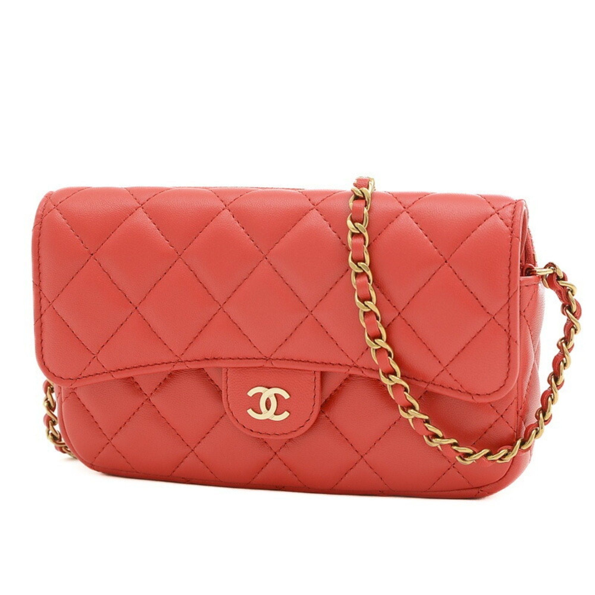 image of Chanel Matelasse Phone Case Chain Wallet Lambskin Red Ap2096, Women's