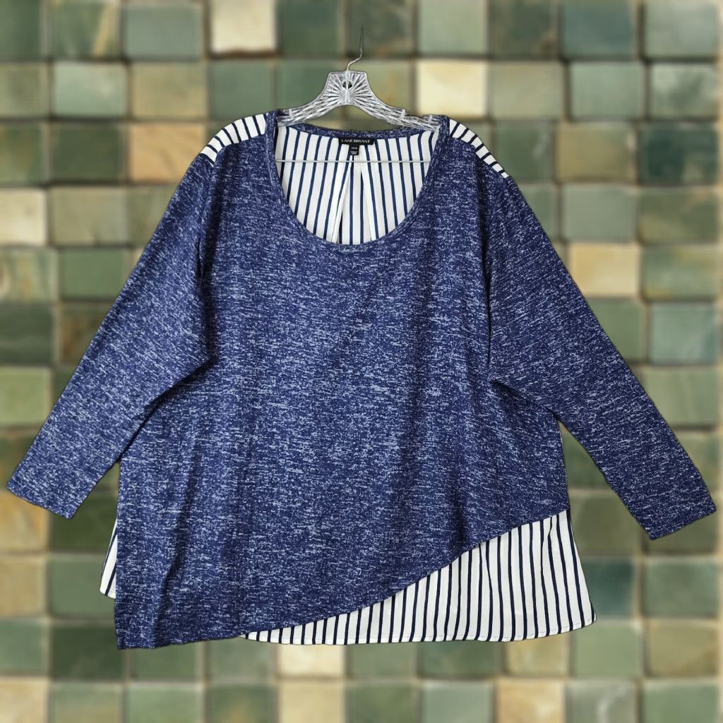 Vintage Lane Bryant Blouse Plus Size 22/24 Long Sleeve Blue/White Striped Womens Size 3XL / US 20-22 - 1 Thumbnail