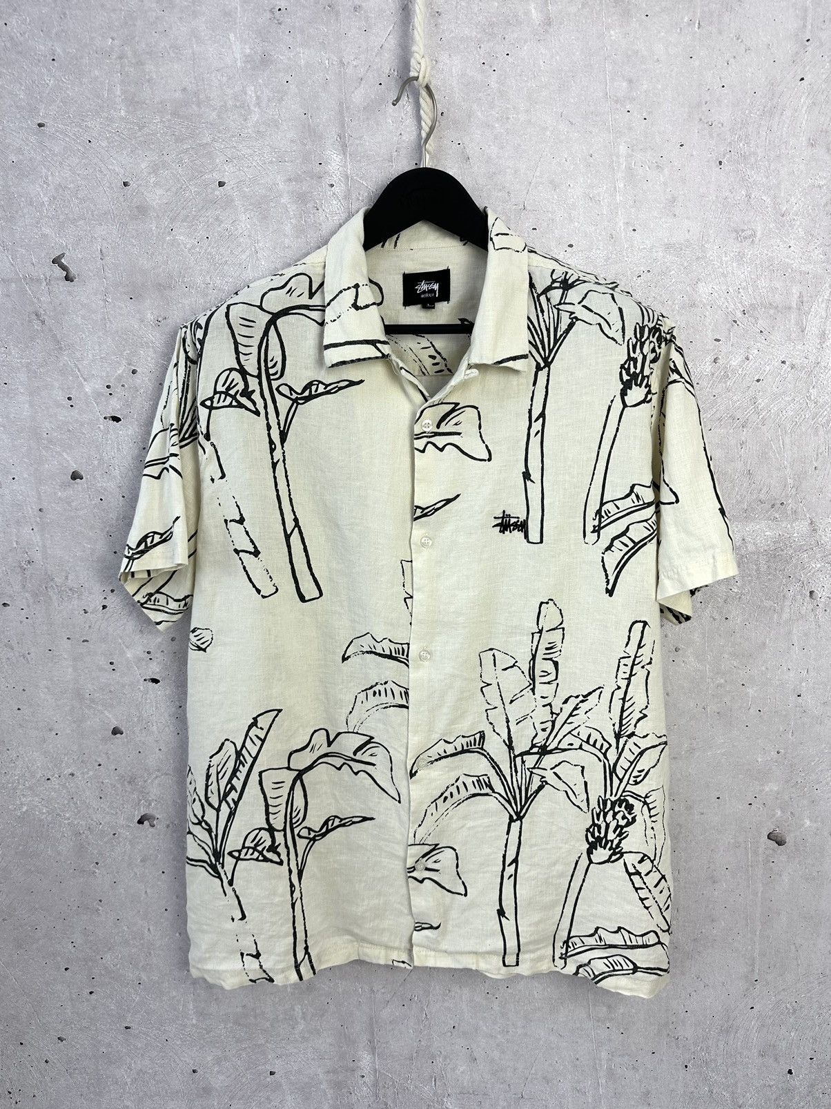 Pre-owned Stussy X Vintage Stussy Linen Banana Leaf Ss Ivory Oversize Shirt