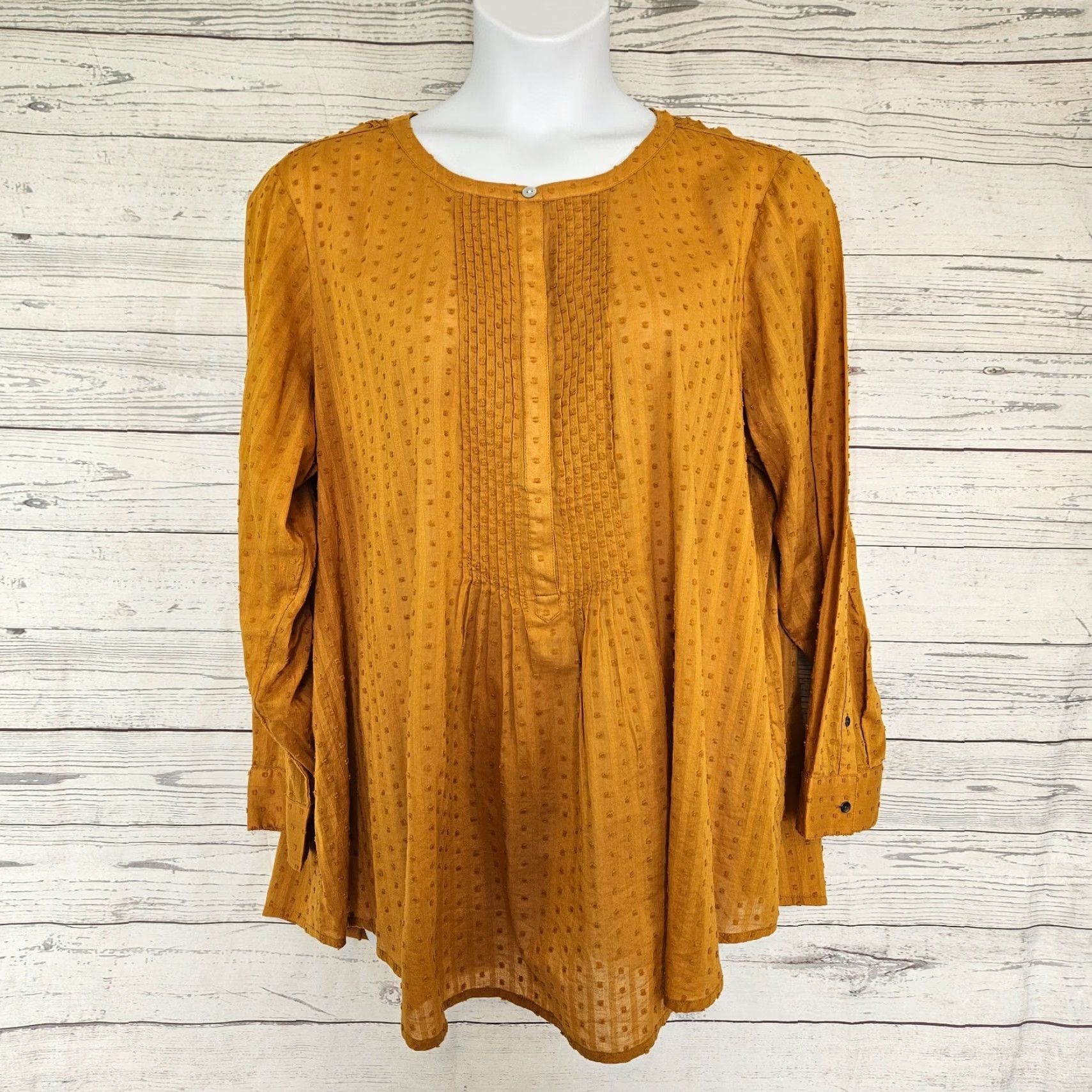 J. Jill J Jill Womens Top 2X Mustard Swiss Dot Long Sleeve Cotton Pintuck Blouse Shirt Womens Size XXL / US 16-18 / IT 52-54 - 2 Thumbnail