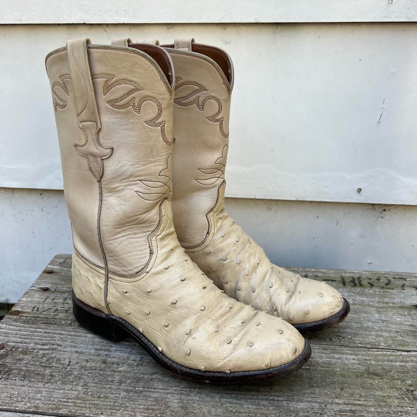 image of Lucchese Cream Ostrich Roper Cowgirl Western Boots Size 6.5B in Beige, Women's