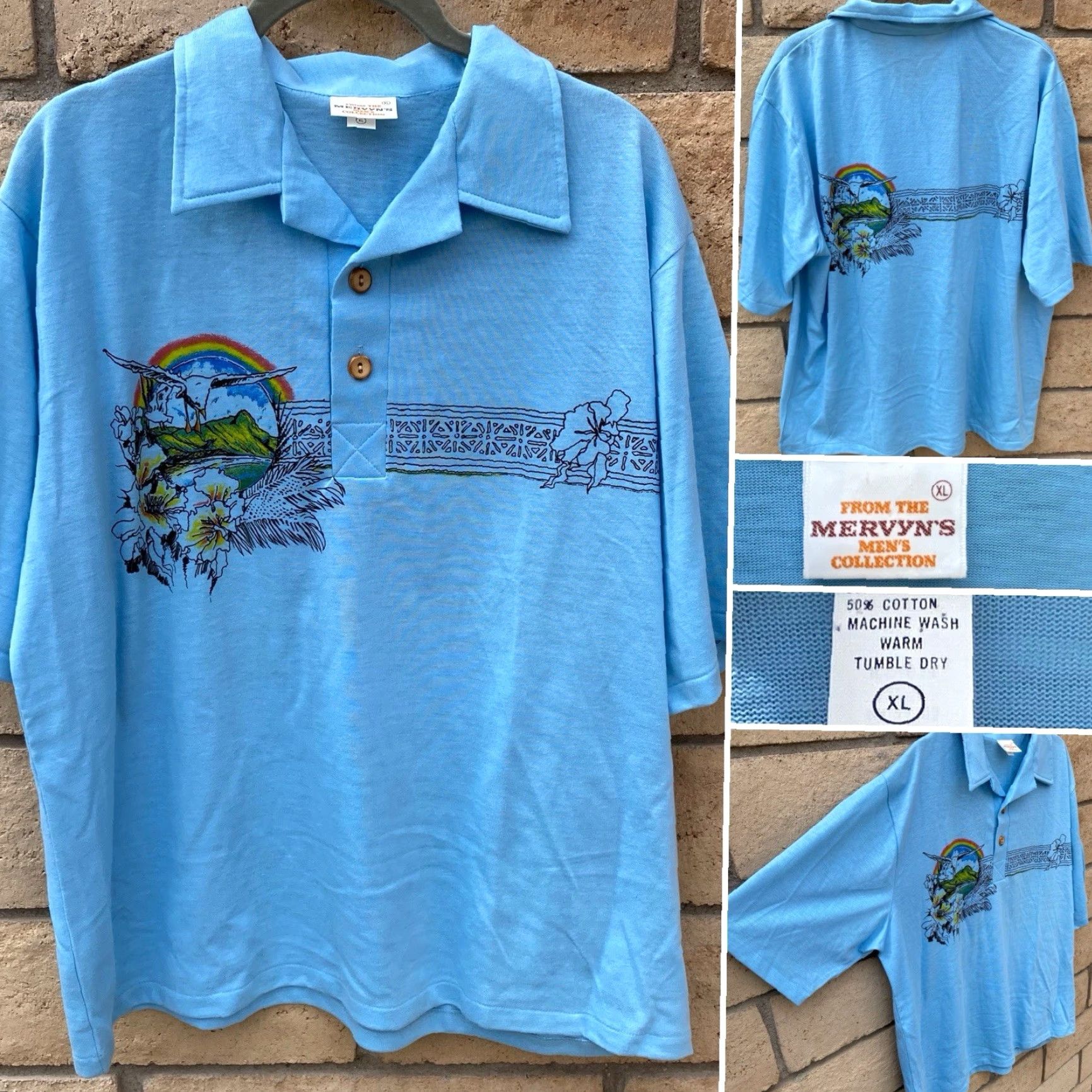 Vintage VINTAGE Mervyns Men’s Collection Hawaiian Polo Shirt XL Shirt Casual 1980s Blue Tropical Rainbow 70s 80s Size US XL / EU 56 / 4 - 5 Thumbnail