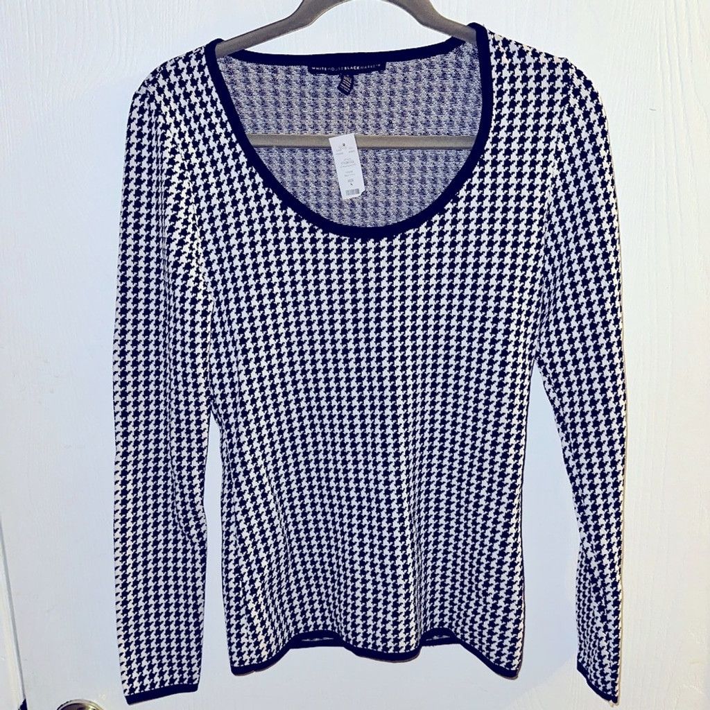 White House Black Market WHBM S Black & Ecru Thatch Sweater with Black Trim Size S / US 4 / IT 40 - 1 Thumbnail