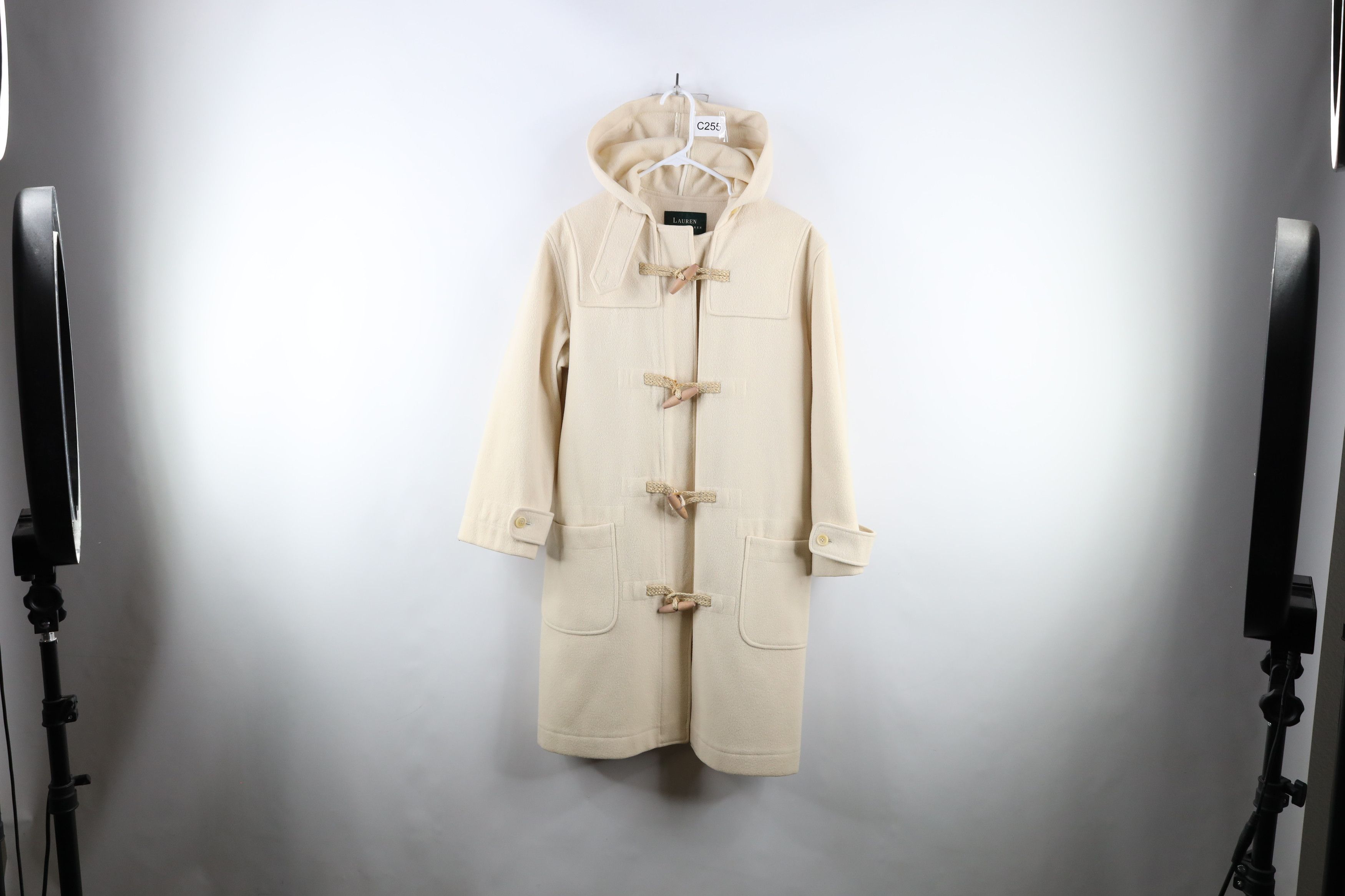 image of 90's Ralph Laurent Button Wool Hooded Jacket Cream in Ivory, Women's (Size Small)