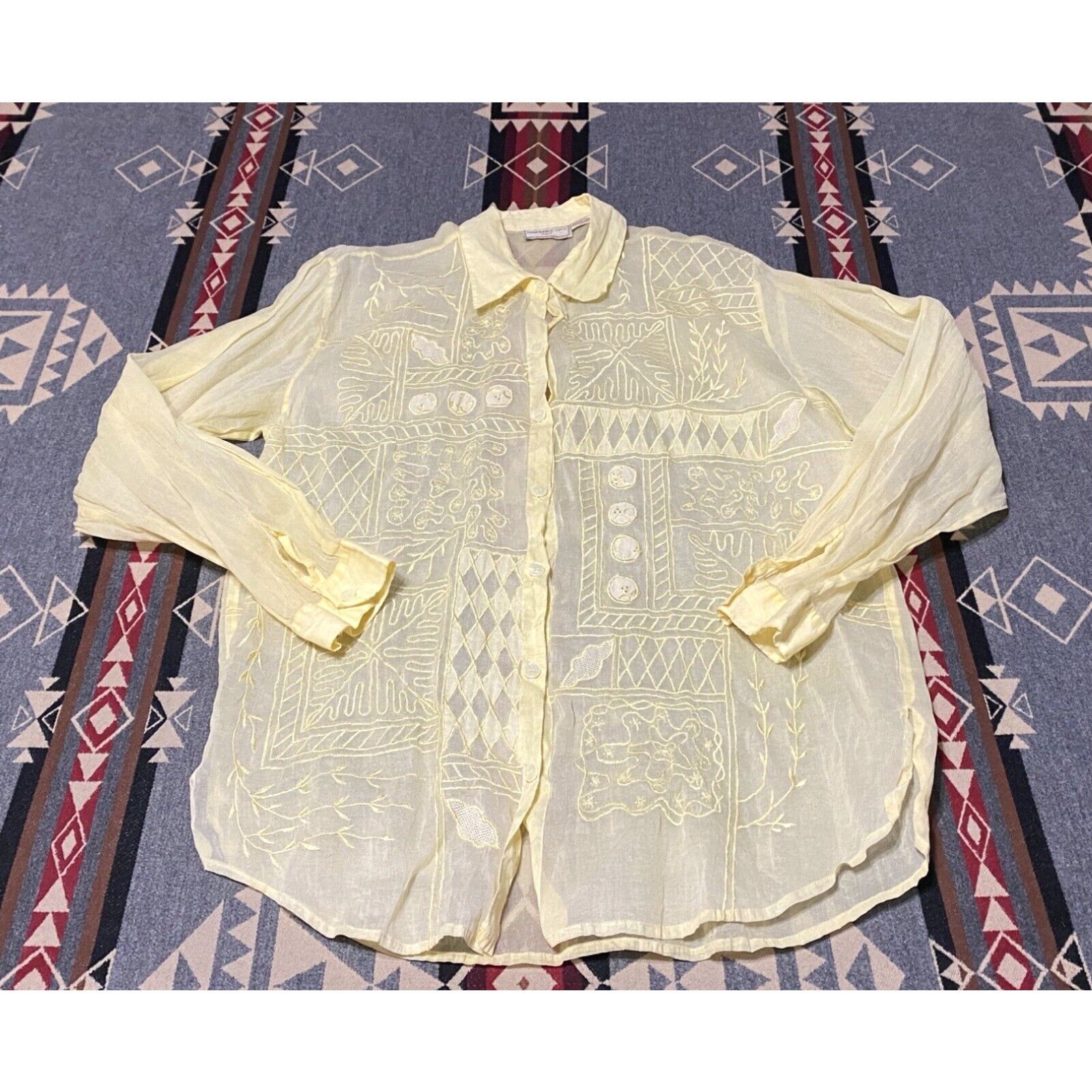 image of Gianfranco Ferre Gianfranco Lotti Italy Button Down Tunic Blouse XL Womens Embroidered Yellow T79 i