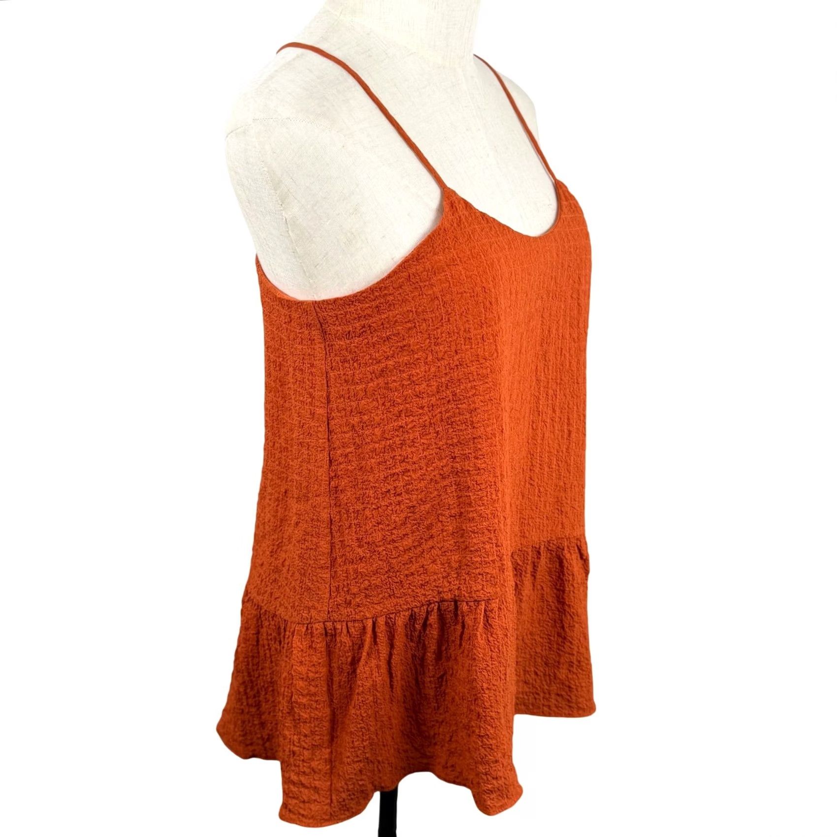 Rusty Maisie XS Cami Top Rust Orange Peplum Ruffle Crinkled Boho Summer Camisole Women XS Orange Casual Party Cocktail Travel Size XS / US 0-2 / IT 36-38 - 4 Thumbnail