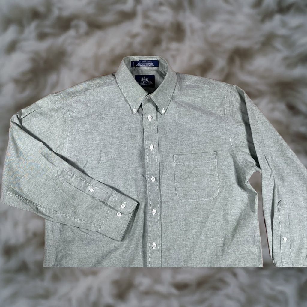 Stafford Stafford Shirt Mens 16 Green Dress Wrinkle Free Oxford Long Sleeve Button Down Size 42R - 1 Thumbnail