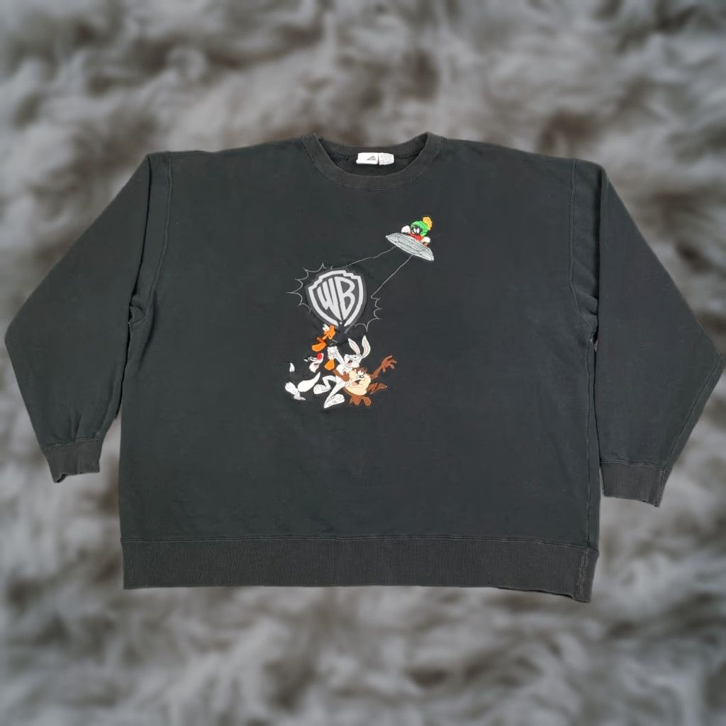 VINTAGE Warner Brothers Looney Tunes Marvin Sweatshirt Men’s 2XL Crewneck Black Embroidered Graphic Print 90s Mens