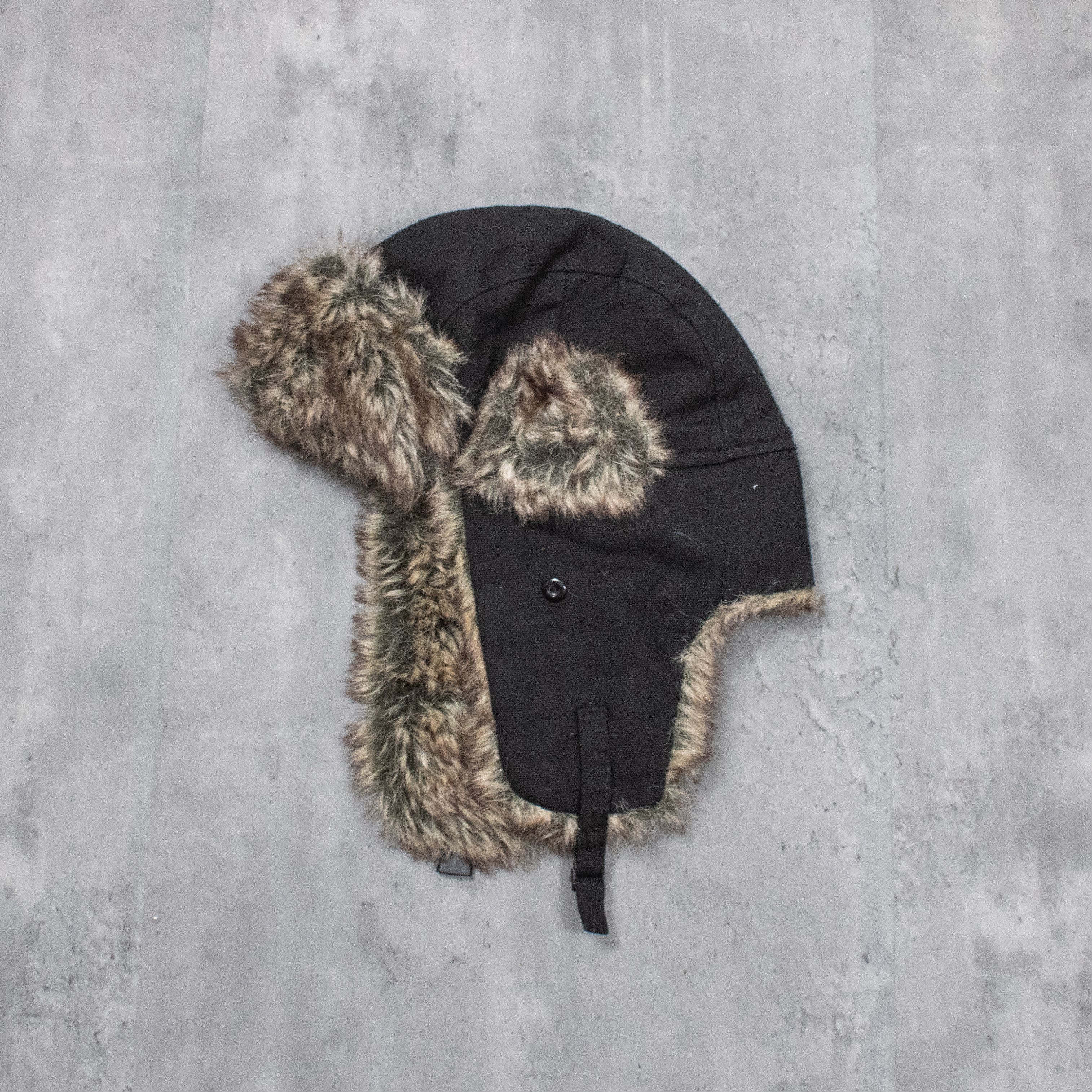 Japanese Brand Y2K 2000's 00's Ushanka Black Canvas Black Faux Fur Hat Size ONE SIZE - 1 Thumbnail