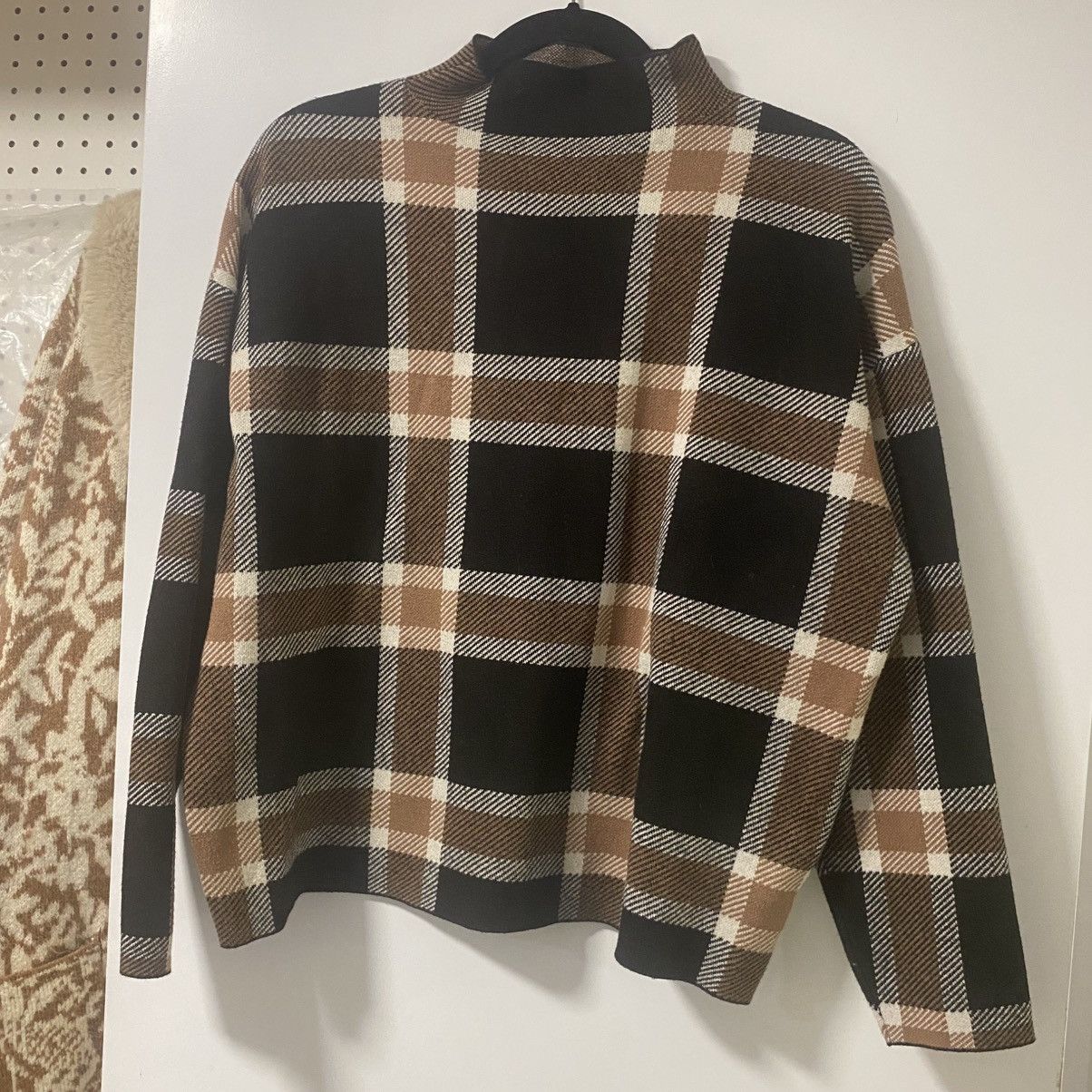Nicole Miller Nicole Miller Plaid Cowl Neck Sweater : Black, Brown & Cream Size XL / US 12-14 / IT 48-50 - 1 Thumbnail