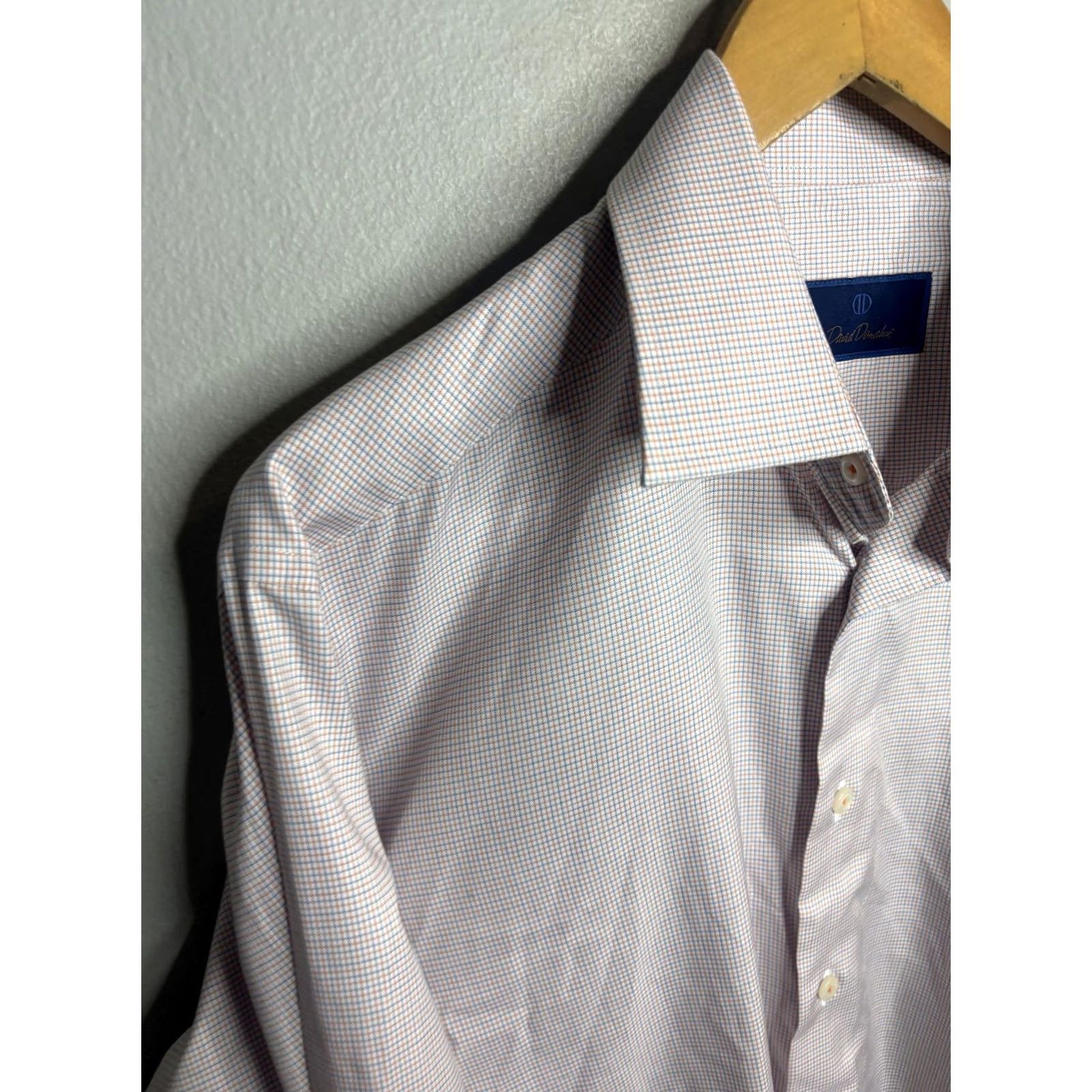David Donahue David Donahue Dress Shirt Mens 16.5 34/35 Orange Blue Check Long Sleeve Cotton Size 46R - 2 Thumbnail