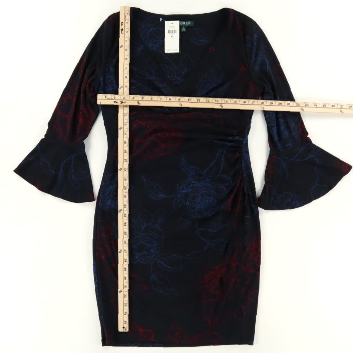 Ralph Lauren Lauren Ralph Lauren Dress Navy Blue Women's 12 Flare Sleeve Floral V-Neck 3/4 Sleeve Slim Cocktail Shirt Size XL / US 12-14 / IT 48-50 - 3 Thumbnail