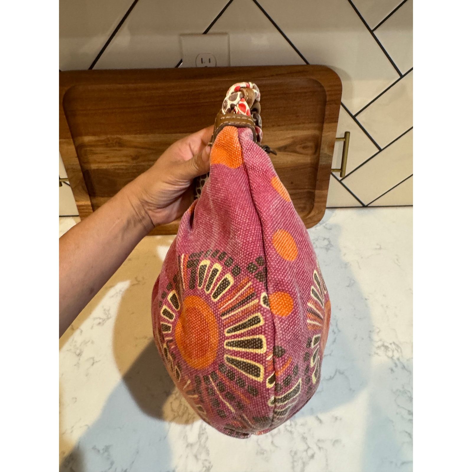 Guess vintage Fossil Canvas Hobo Bag abstract orange brown floral Size ONE SIZE - 10 Thumbnail