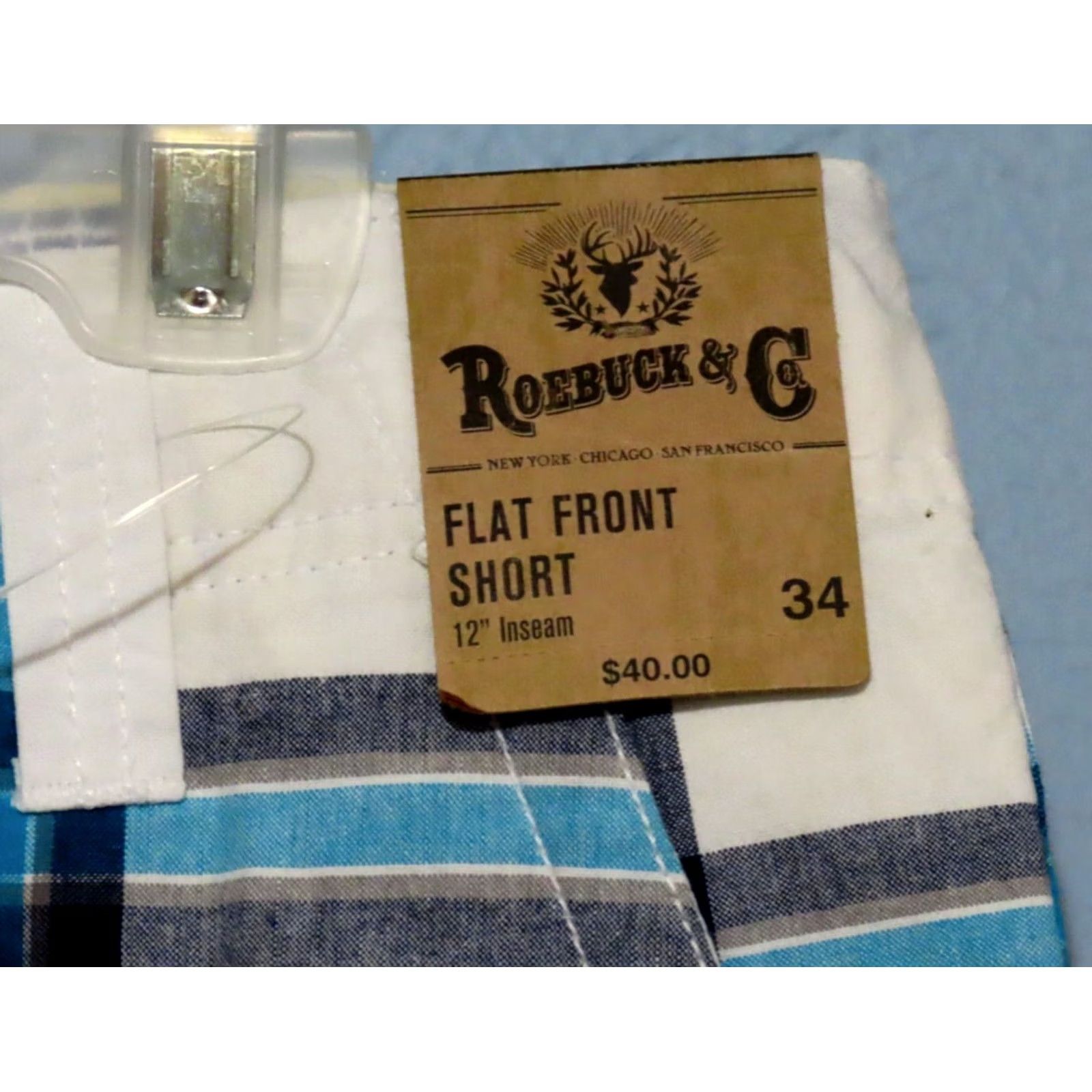 Vintage VINTAGE Roebuck & Co. Young Men's 34 Flat Front White Shorts Blue & Gray Striped NWT Size US 34 / EU 50 - 3 Thumbnail