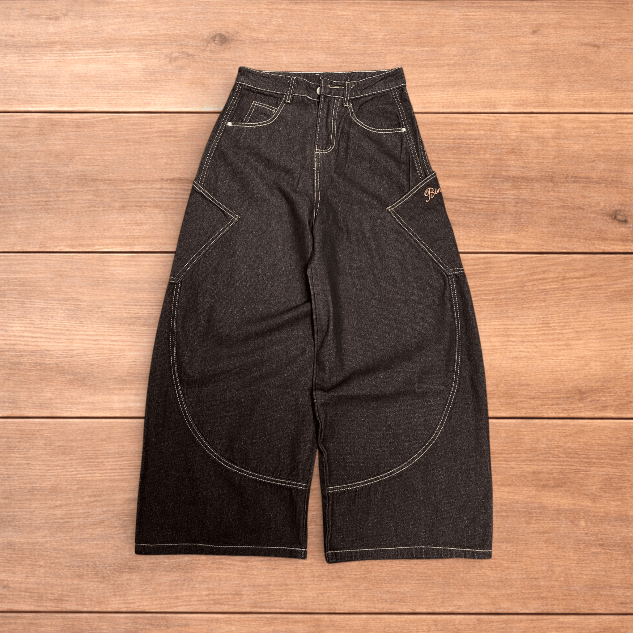 Japanese Brand Vintage style baggy wide leg skater fit jeans in mid black. Size US 36 / EU 52 - 2 Thumbnail