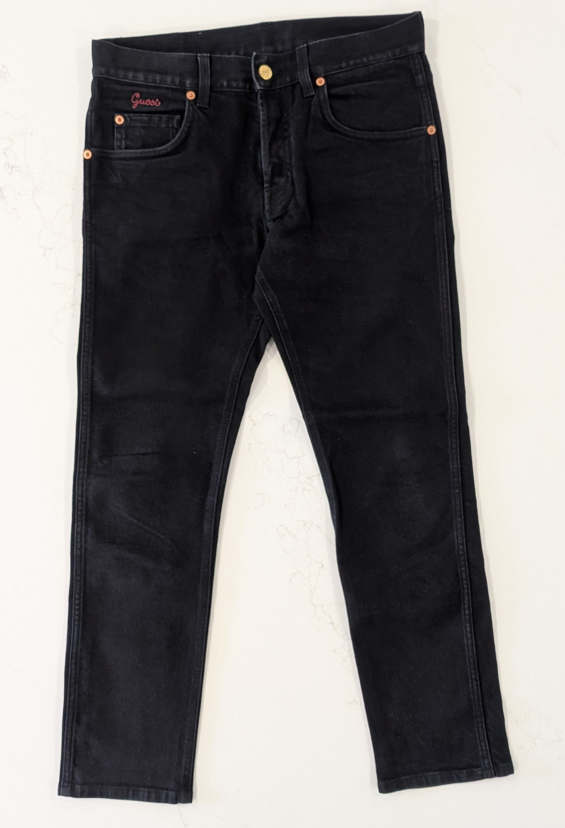 Gucci Gucci Men's Black Denim Skinny Jeans Size 30 Red Script Size US 30 / EU 46 - 1 Thumbnail