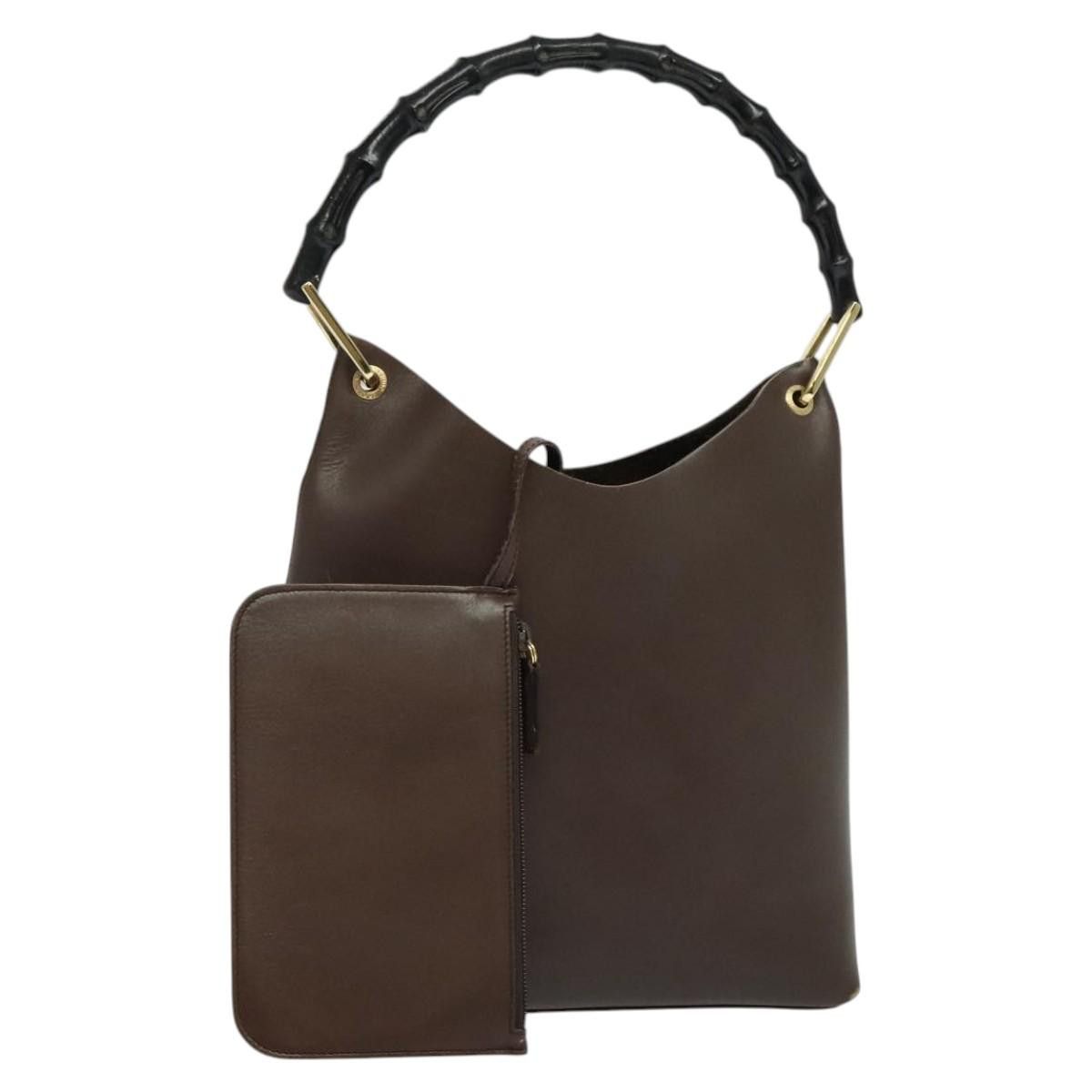 Gucci Bamboo Shoulder Bag Leather Brown Gold 001 1553 1880 Auth Ep8788 in Brown/Gold, Women's