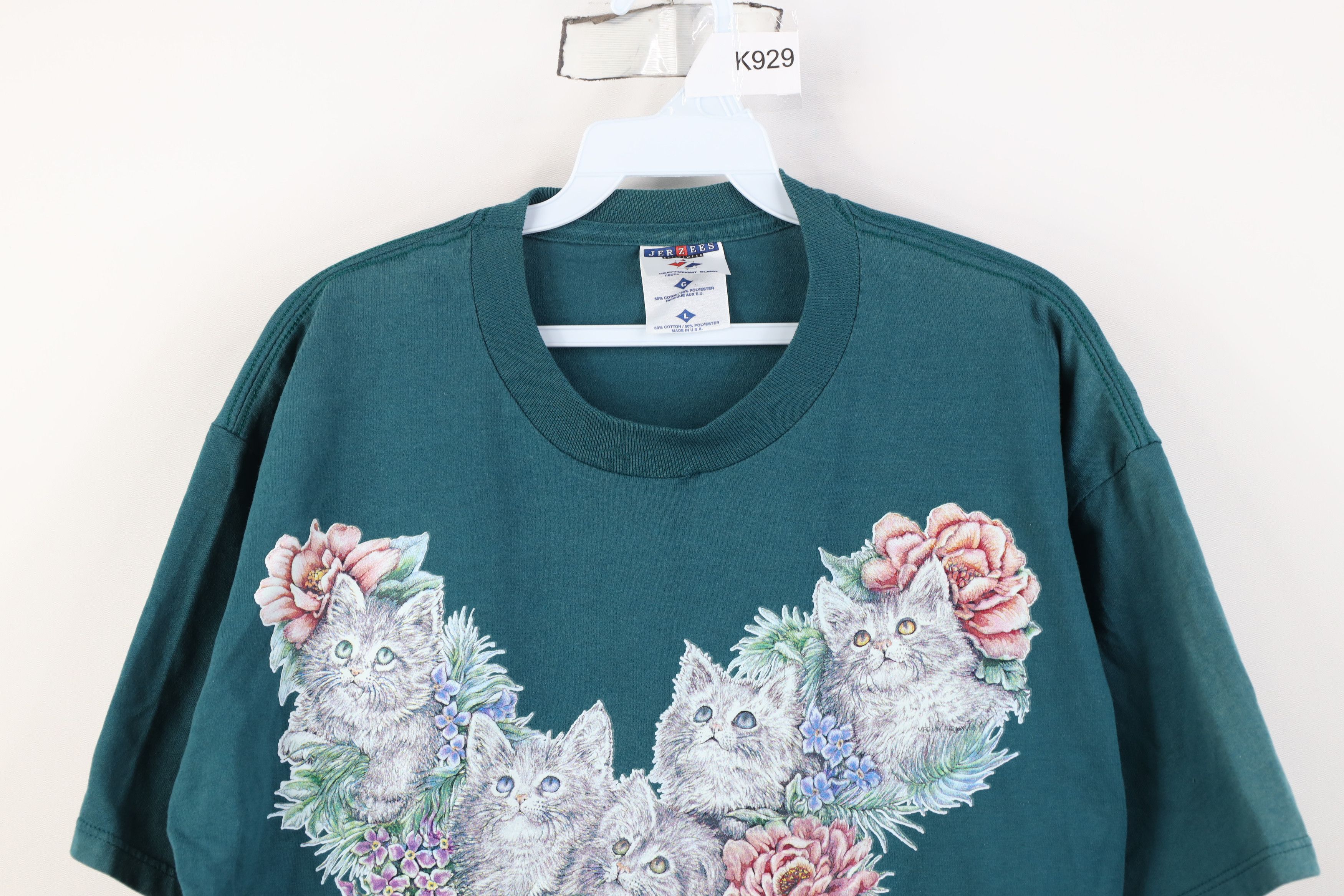 Vintage Vintage 90s Streetwear Cat Kitten Flower T-Shirt Teal USA Size L / US 10 / IT 46 - 2 Thumbnail