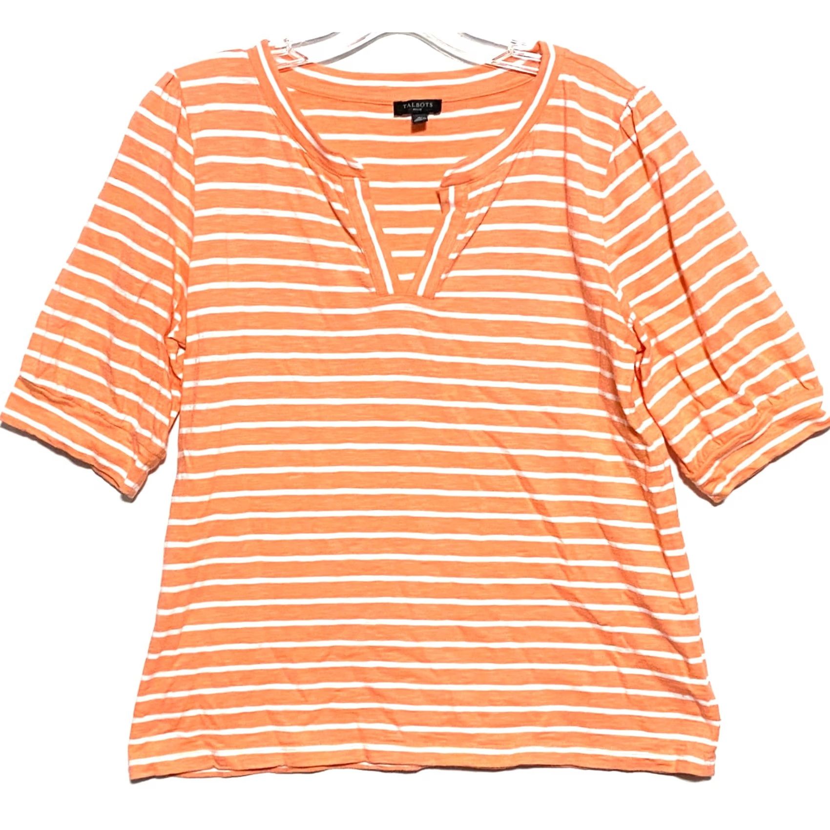 Talbots Talbots Shirt T-Shirt Petite M Orange White Striped Split Neck Beachy Coastal Summer Modal Cotton Size M / US 6-8 / IT 42-44 - 2 Thumbnail