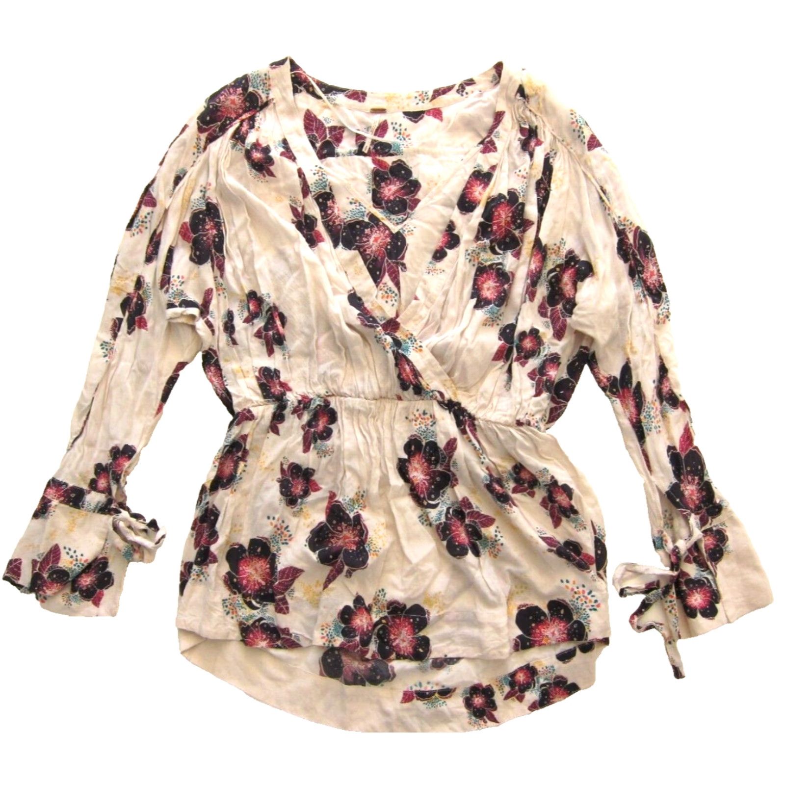Free People Free People Blouse Pink Yellow Floral V-Neck Long Tunic Sleeve S-M 100% Rayon Womens Shirt Size S / US 4 / IT 40 - 5 Thumbnail