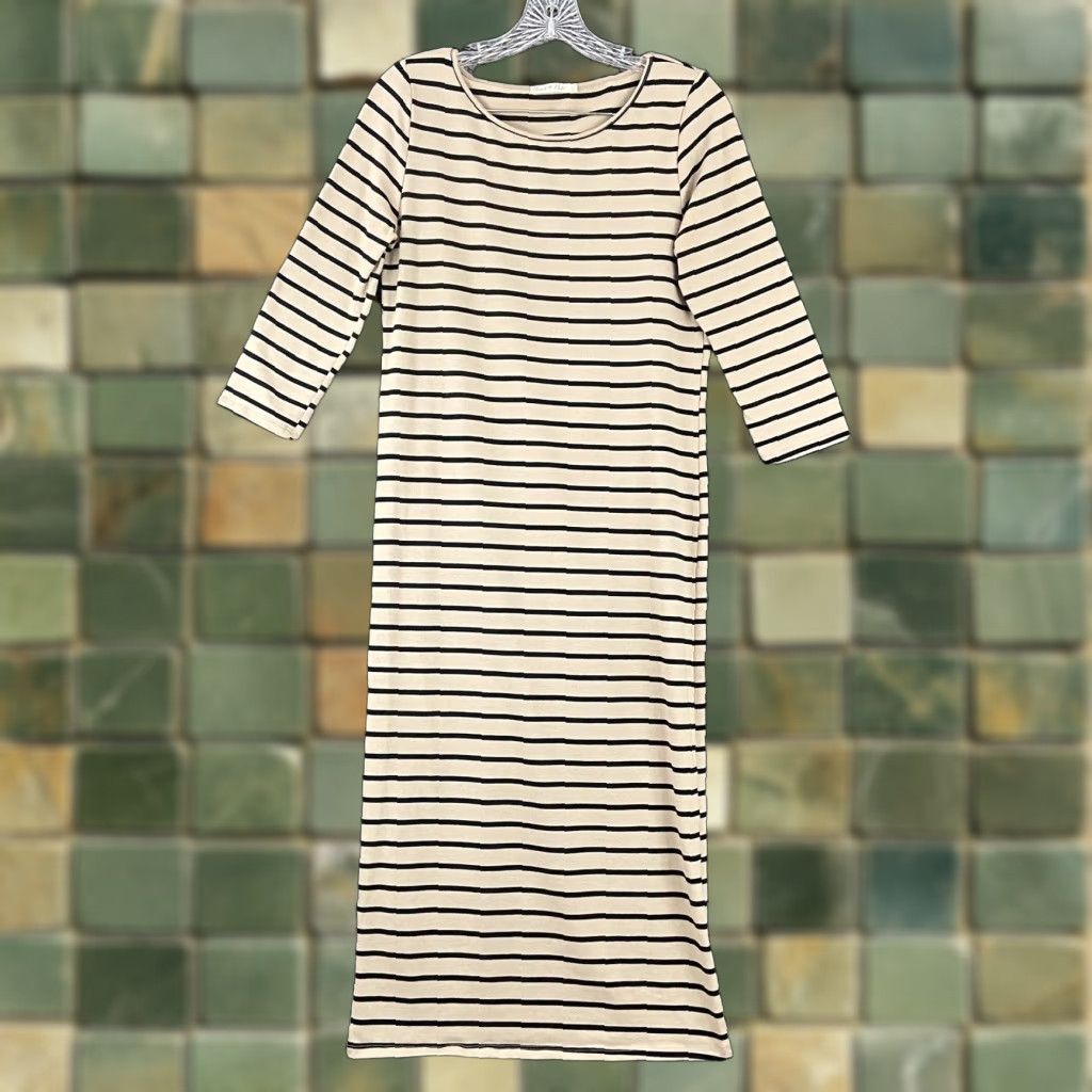Vintage Heart Hips Body Con Dress Women’s L Brown Black Stripe Short Sleeve Size 36" / US 14 / IT 50 - 1 Thumbnail