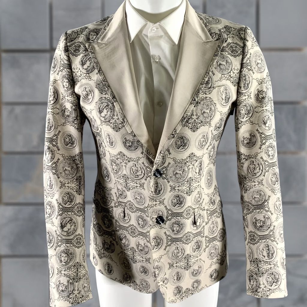 Dolce & Gabbana DOLCE & GABBANA Size 38 Cream Black Greca Cotton Blend Peak Lapel Sport Coat Blazer Coat Mens Size 38R - 1 Thumbnail